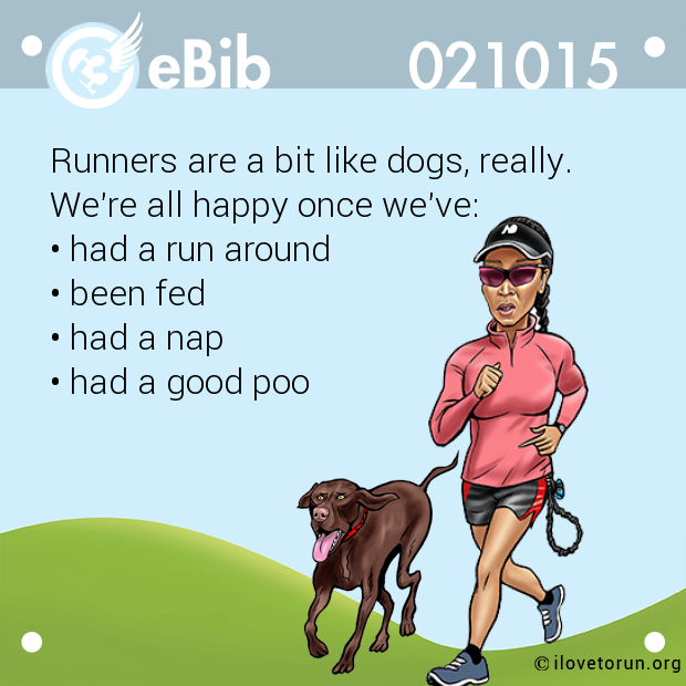 Runners are a bit like dogs, really.

We're all happy once we've:

• had a run around

• been fed

• had a nap

• had a good poo