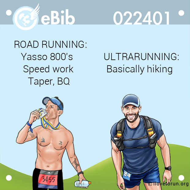 ROAD RUNNING:    Yasso 800's             ULTRARUNNING:     Speed work              Basically hiking       Taper, BQ